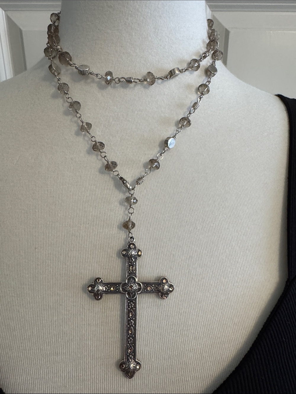 Sterling Silver Cross Pendant Rosary Necklace in Smoky Gray